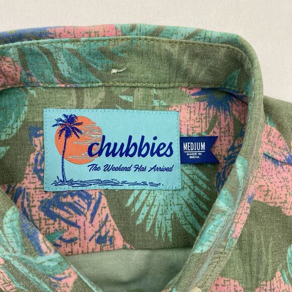 Chubbies Hawaiian Shirt Mens Medium Pink Green Floral Tiger Button Up Aloha - Picture 3 of 7